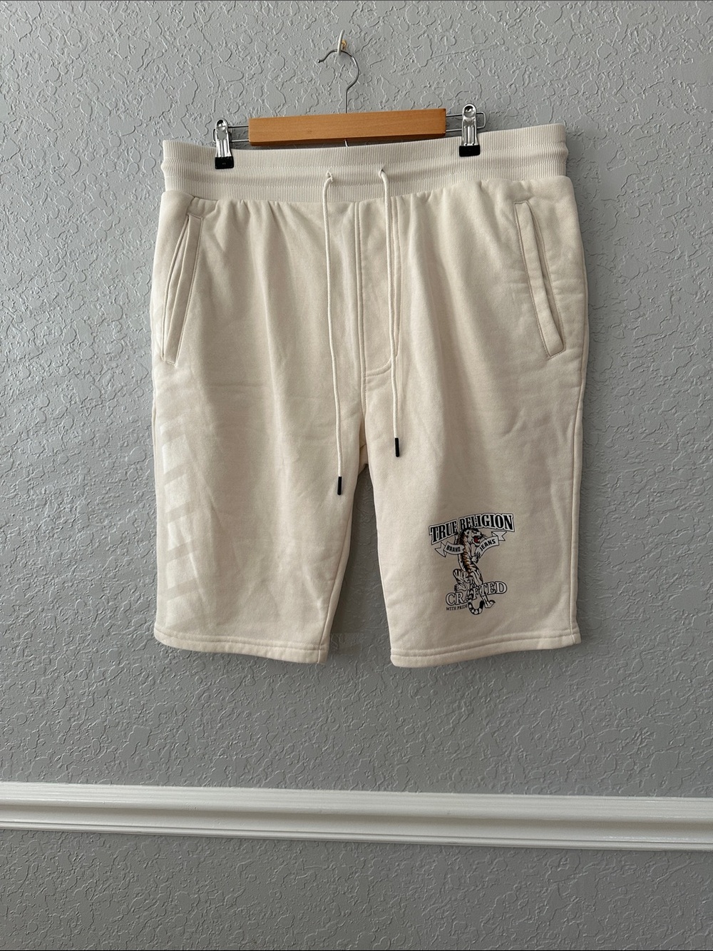 True Religion Cream Drawstring Logo Shorts